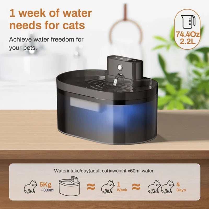 74oz/2.2L Wireless Automatic Cat Water Fountain Infrared Sensor Smart Pet Drinkier Fountain Pet Water Dispenser For Dog Cat